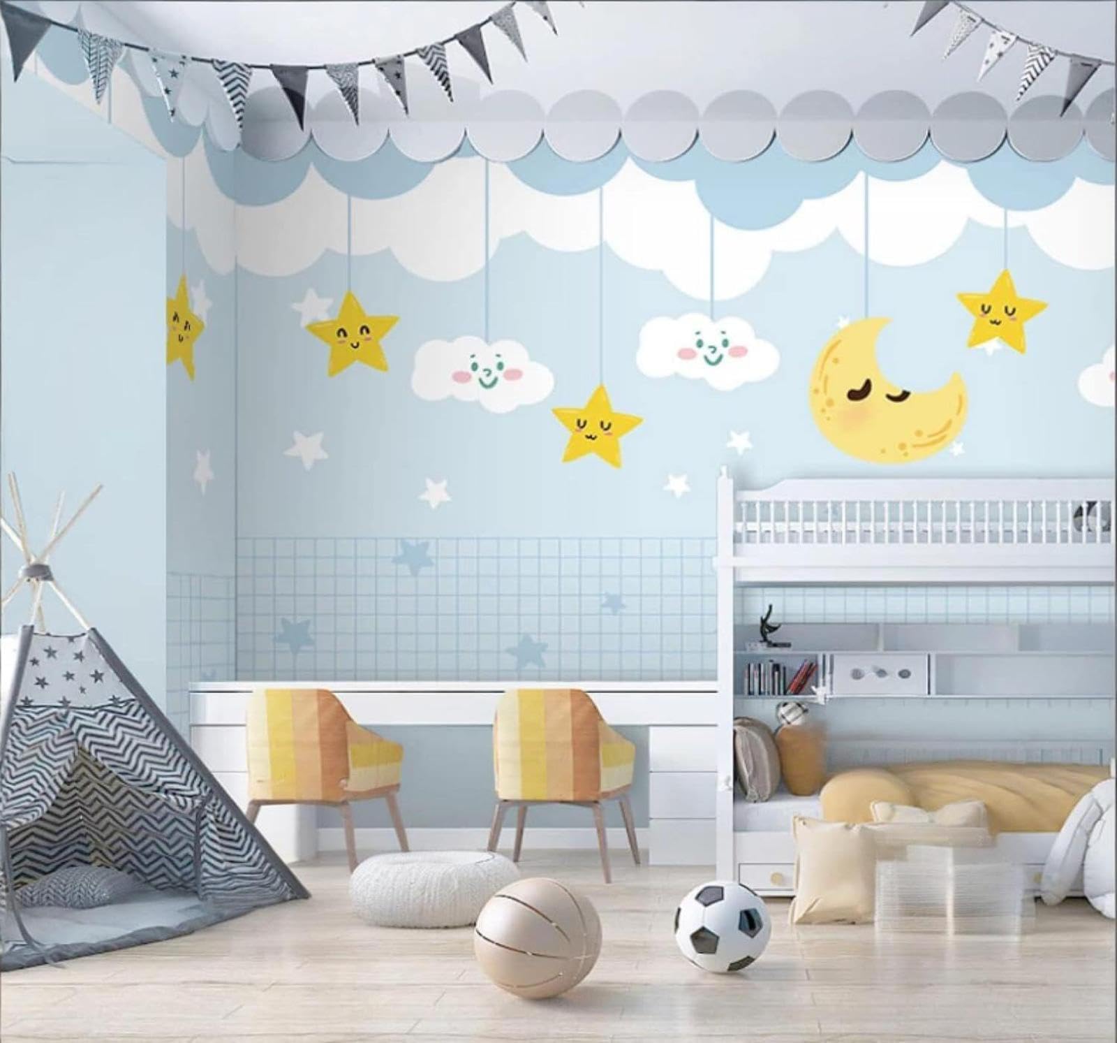 XLMING Minimalist Cartoon Clouds Stars Moon 3D Wallpaper Luxury Silk Study Dining Feature Sofa Grey Bedroom Living Room Tv Decorative Wall-430cm×300cm