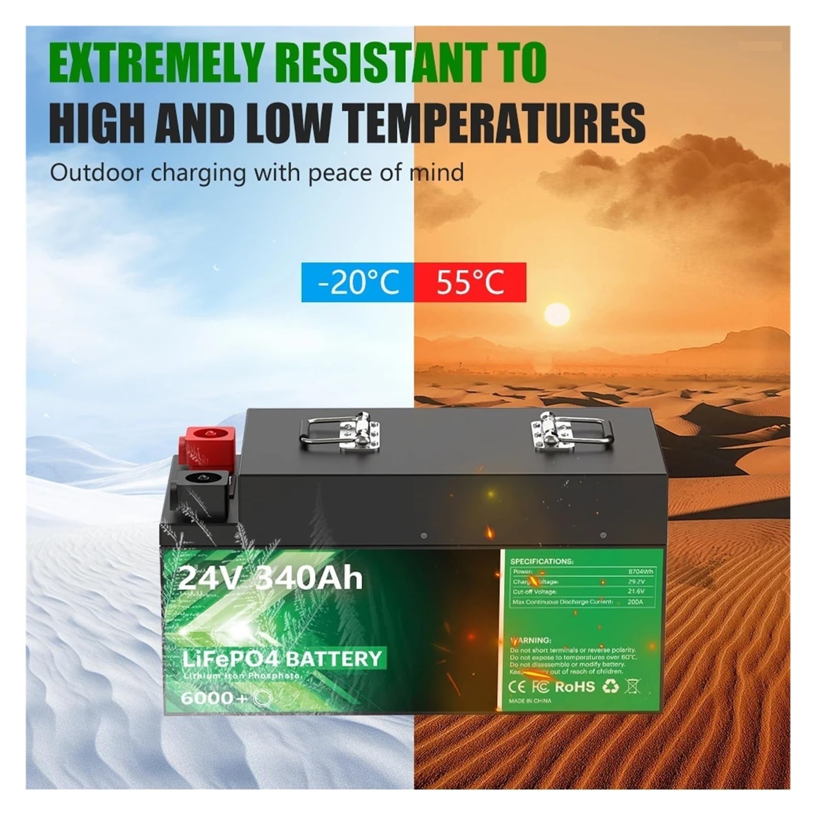 Batería de litio LiFePO4 de 24 V y 340 Ah con BMS integrado, 8,7 kWh, más de 6000 ciclos. Compatible con Bluetooth, sistemas solares domésticos, autocaravanas y carritos de golf.(24V 100Ah Bluetooth)