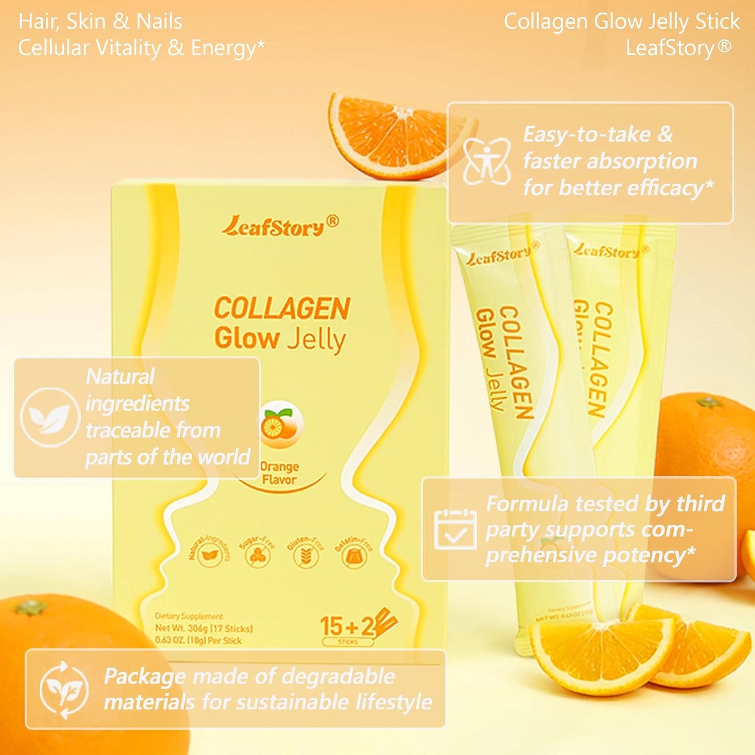 Collagen Glow Jelly 15+2 Sticks Support Skin, Hair & Nails Health, Balanced Energy Vitality Supplement