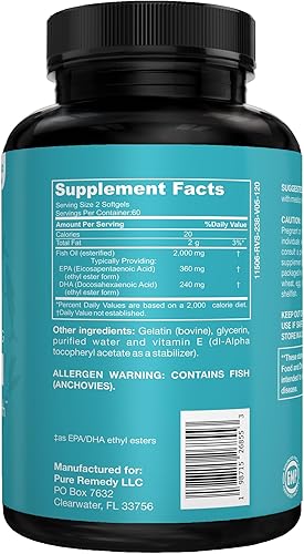 Miniatura 3 de Pure Remedy Omega-3, aceite de pescado de 2000 mg, 600 mg de EPADHA, capturado en la naturaleza, 120 cápsulas blandas