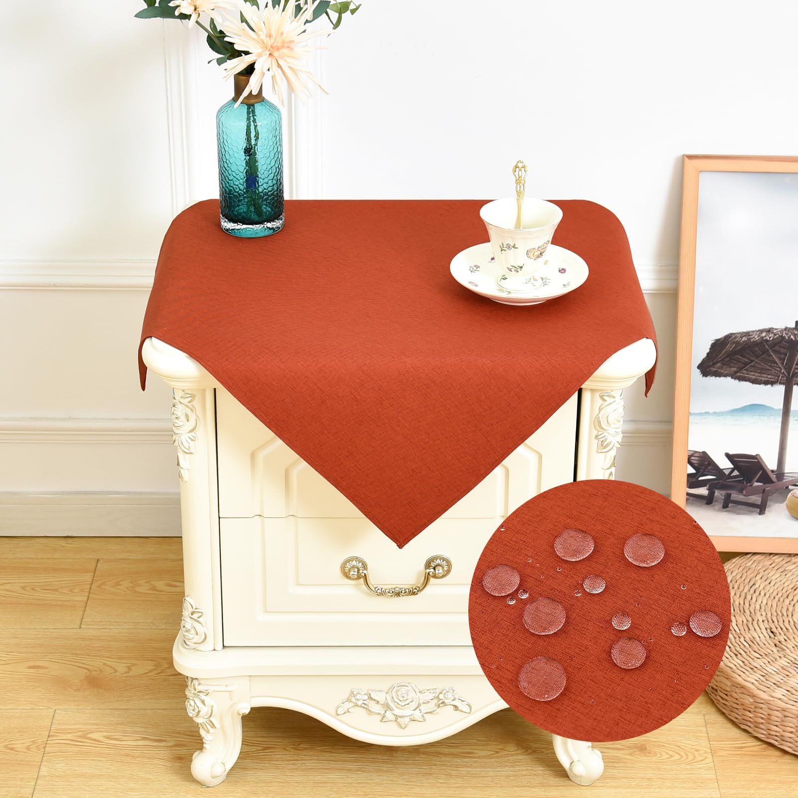NEWISHER Farmhouse Water Resistant Small Square Tablecloth 60x60 cm (23x23 inch), Faux Linen Table Cloth Wipe Clean, Washable End Table Cover for Kitchen Dining, Party, Banquet Indoor Outdoor (Rust) — image 1