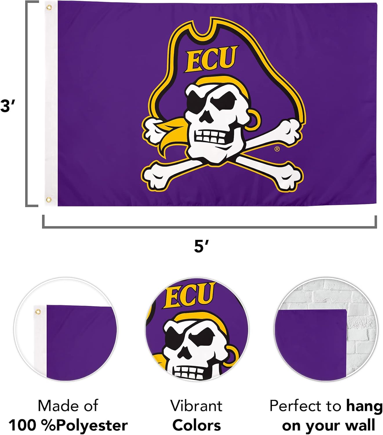 Desert Cactus East Carolina University ECU Flag - 3 x 5 Feet Pirates Banner, Indoor/Outdoor Durable Fabric, 100% Polyester Design (Style 1) - Image 2
