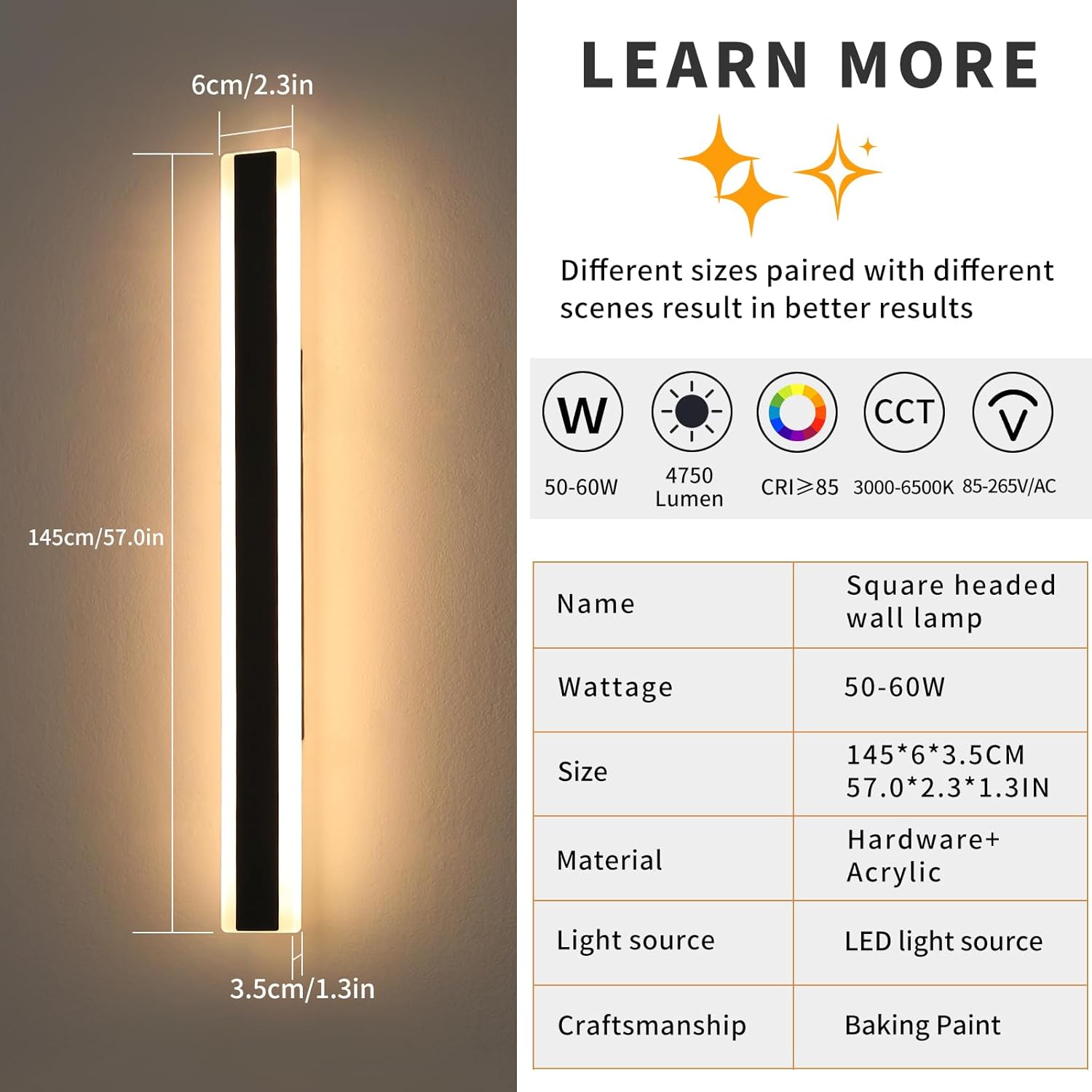 Mikeru 1 Pack 57inch Outdoor Wall Light Fixtures, 10%-100% Dimmable Outdoor Wall Lights Exterior Front Porch Light 3000-6000k Wall Mounted Led Lighting for Basement, Shop,Garage Lighting Dimmable 57inch