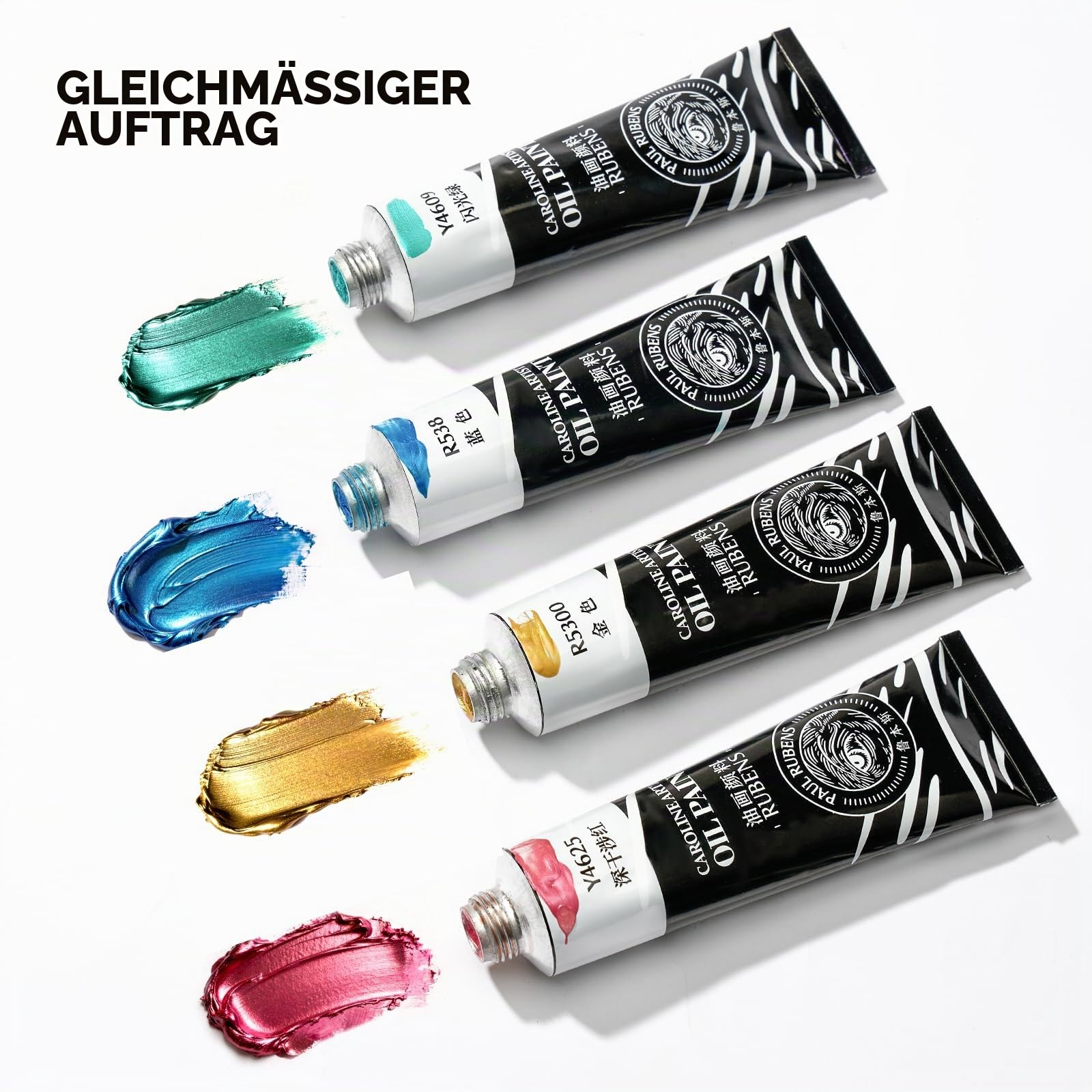 Paul Rubens Metallic Ölfarbe Set, Künstler-Qualität 9 Farben * 60ml Große Tuben, Professionelle Ölfarbe für Leinwand, Holz, hohe Farbintensität und Konsistenz, Künstlerbedarf für Künstler und Anfänger