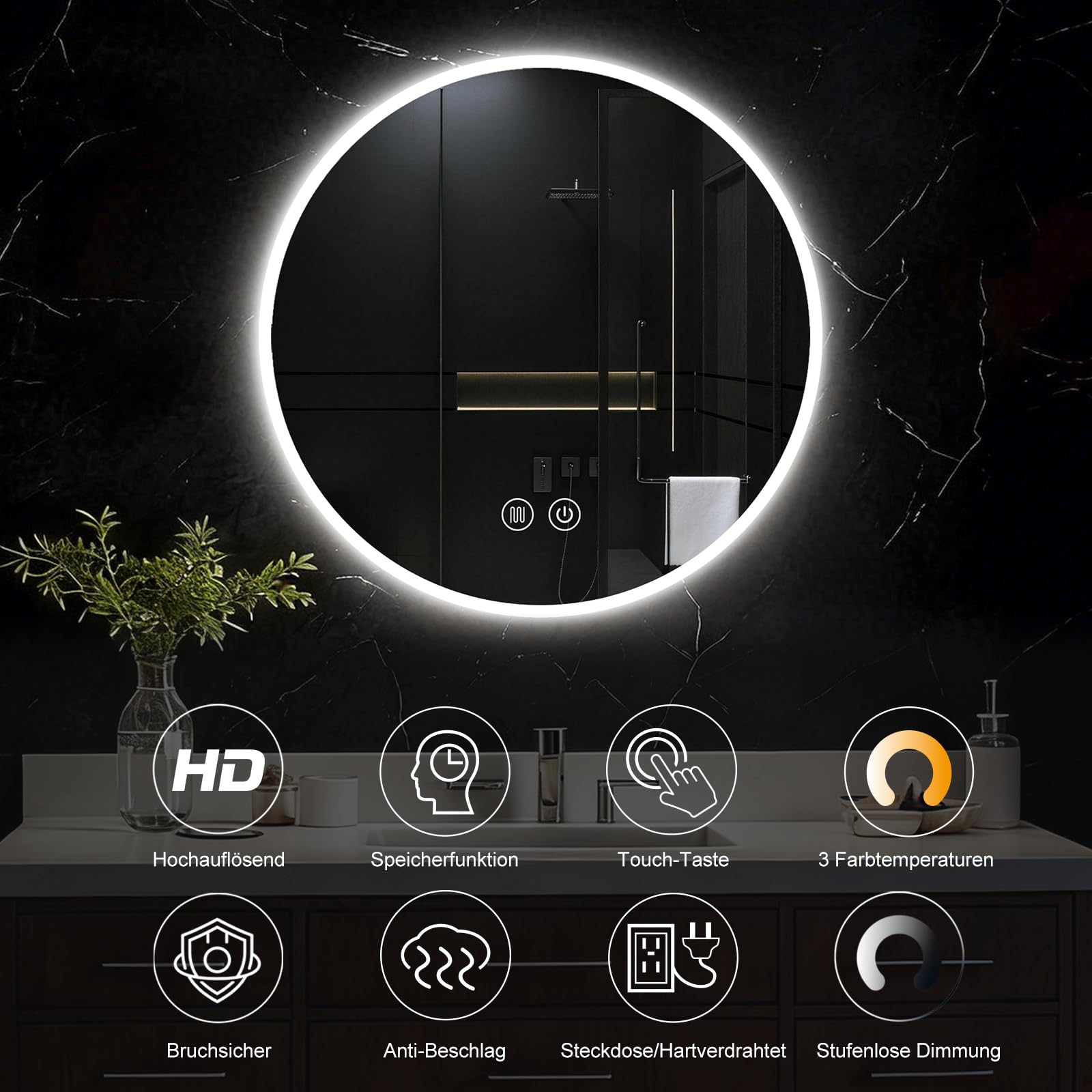 Badspiegel mit Beleuchtung 60cm, Runder Spiegel Badezimmerspiegel mit Beleuchtung, Touch-Schalter, Speicherfunktion, HD Hartglas, 3 Lichtfarben Dimmbarer LED Badezimmer Wandspiegel,60cm Rund