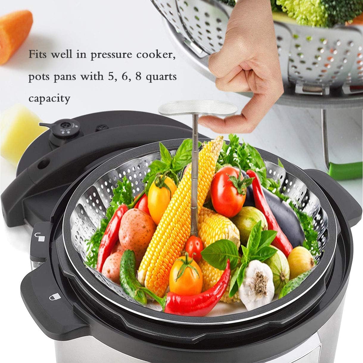 Stainless Steel Veggie Steamer Basket with Folding Handle - Expandable to Fit Pots 6.4" to 10" image 3