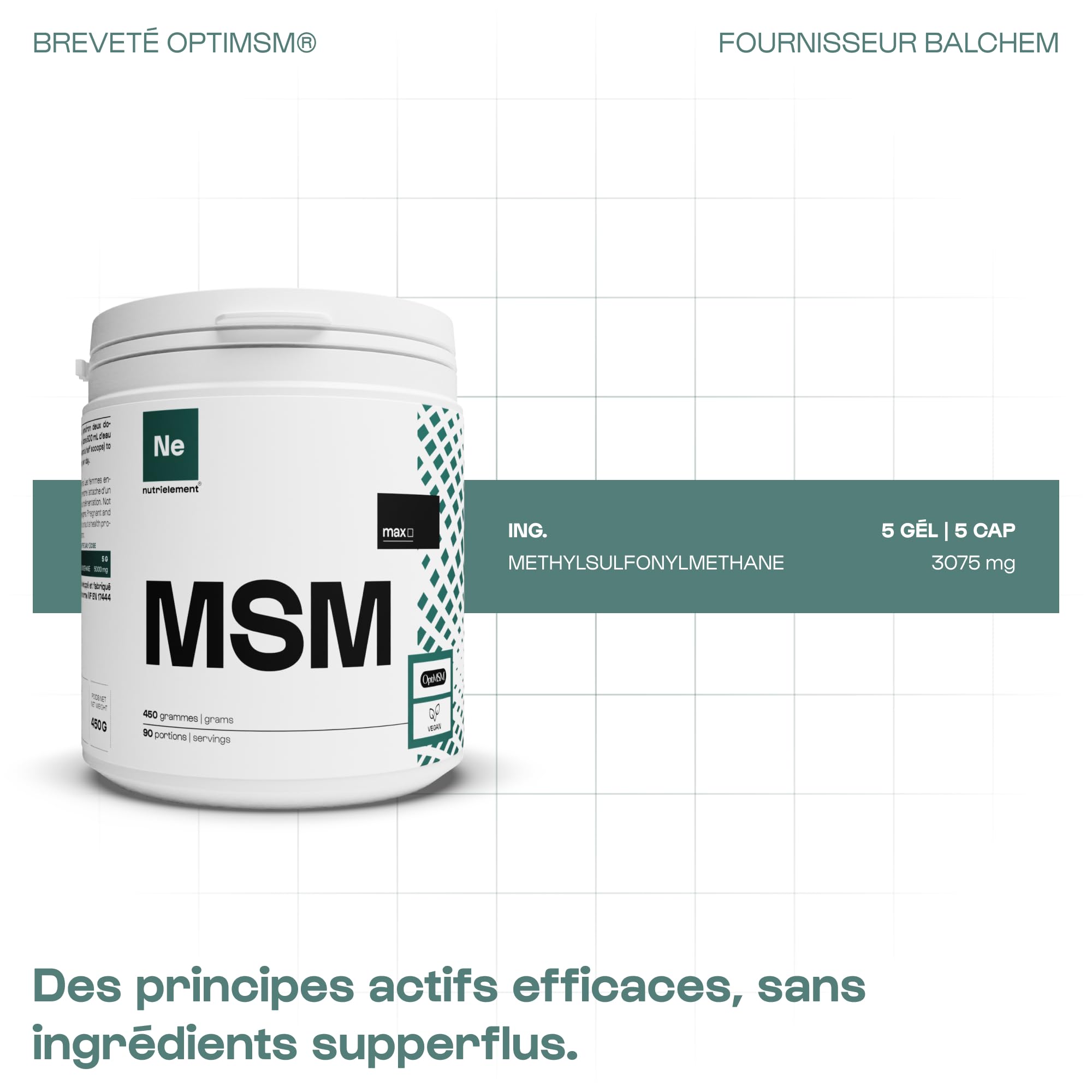 Nutrimuscle - MSM - OptiMSM® (MéthylSulfonylMéthane) pur à 99% - 150 gélules - 3075 mg par dose - Riche en soufre organique - Forte biodisponibilité - Alternantive soufre en poudre