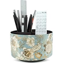 Round Leather Art Supply Organizer,Remote Control Holder,360 Degree Rotating,Multi-Functional Pencil Holder,4 Compartments Desktop Stationary Organizer1-Blue Bird