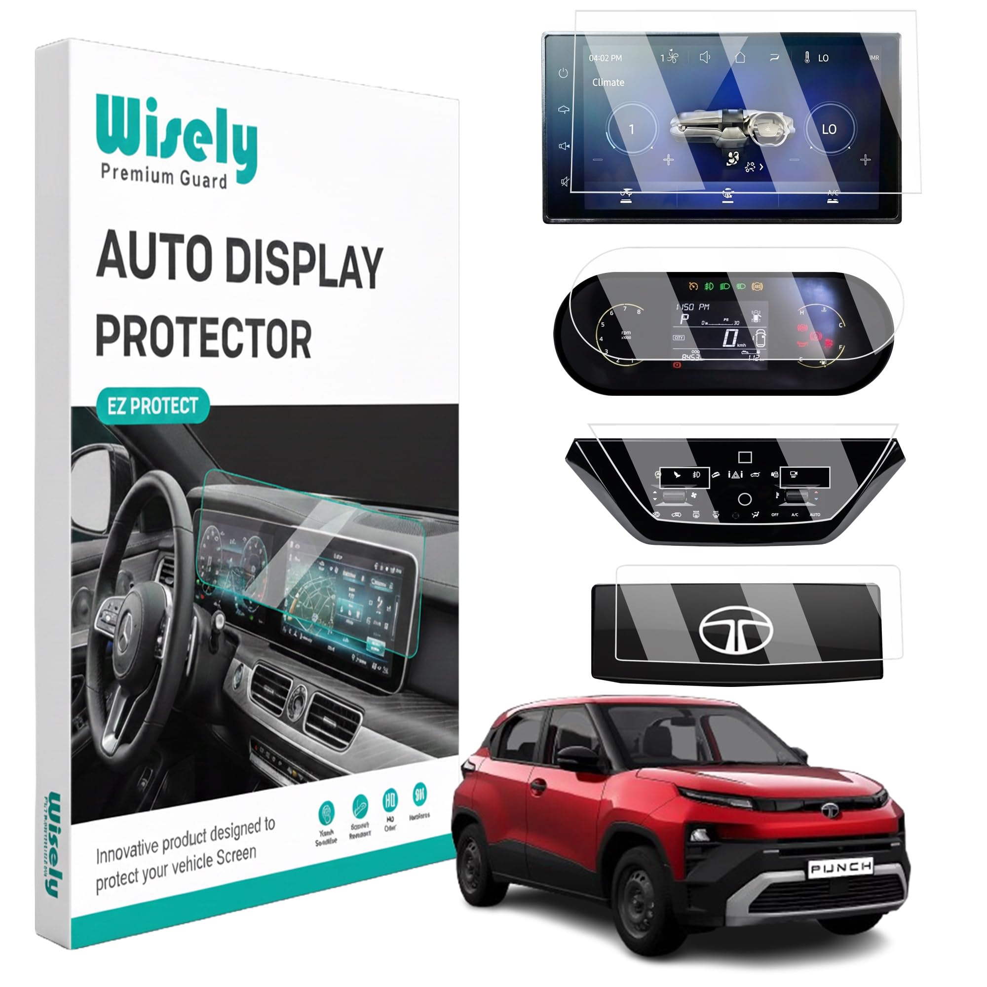 Wisely 4Pcs - Screen Guard for TATA PUNCH EV (2026) ADVENTURE & SMART+ Car 8 Inch Display Infotainment System + 4inch Instrument Cluster + AC Panel Protector + Steering Cluster - Stereo Accessories - Touch Responsive - HD Clear-image-11