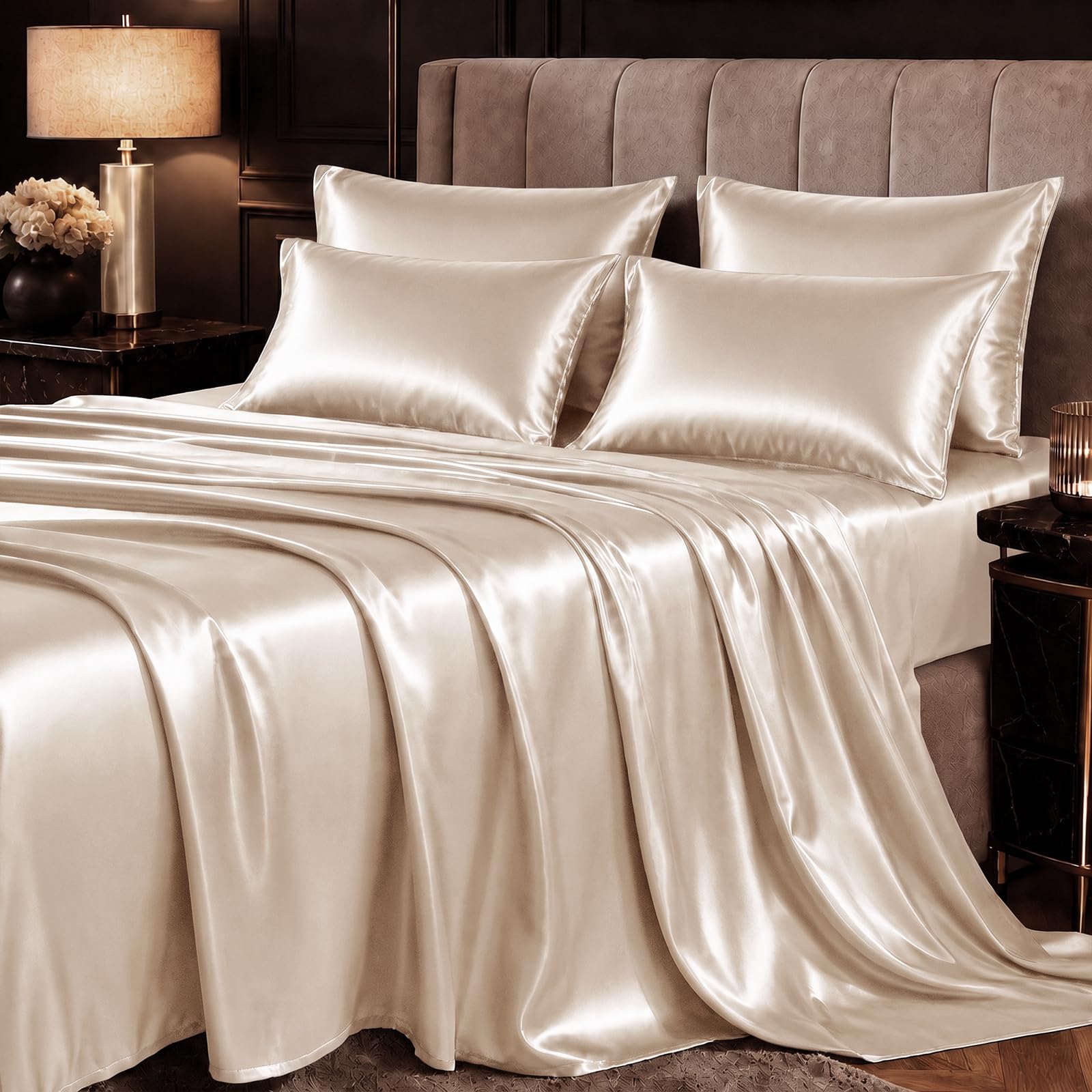 CozyLux Satin Sheets King, 6-Piece 14-Inch Deep Pocket Sheet Set
