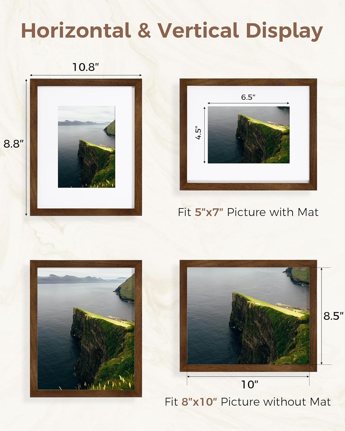 Marsmiles 8x10 Wooden Picture Frame, USA-Sourced Natural Oak Solid Wood Photo Frame with Plexiglass for Display Pictures 5x7 with Mat or 8x10 without Mat, Walnut, 3 Pack - Image 6