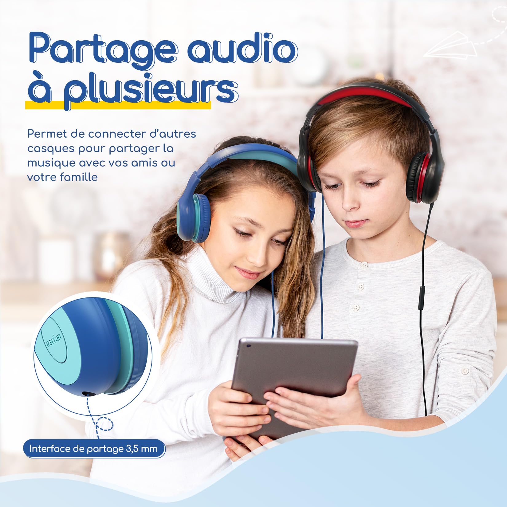 EarFun Casque Audio Enfant Filaire, Limiteur de Volume 85dB, Partage Audio, Pliable et Réglable, Confortable, Jack 3,5 mm, Casque Enfants pour École/Voyage/Téléphone, Bleu-Vert
