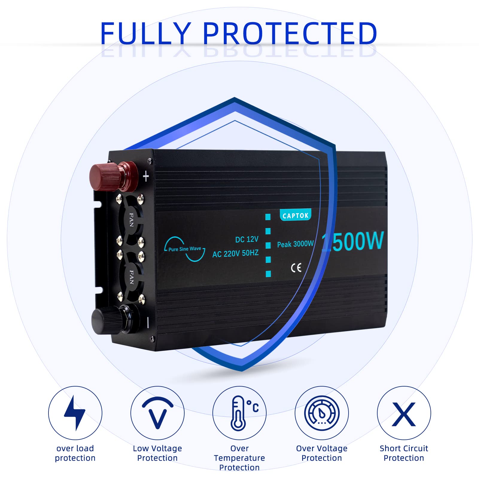 Spannungswandler 1500W/3000W Reiner Sinus-Wechselrichter DC 12V auf AC 230V EU-Steckdose Doppel-LCD-Digitalanzeige-Konverter