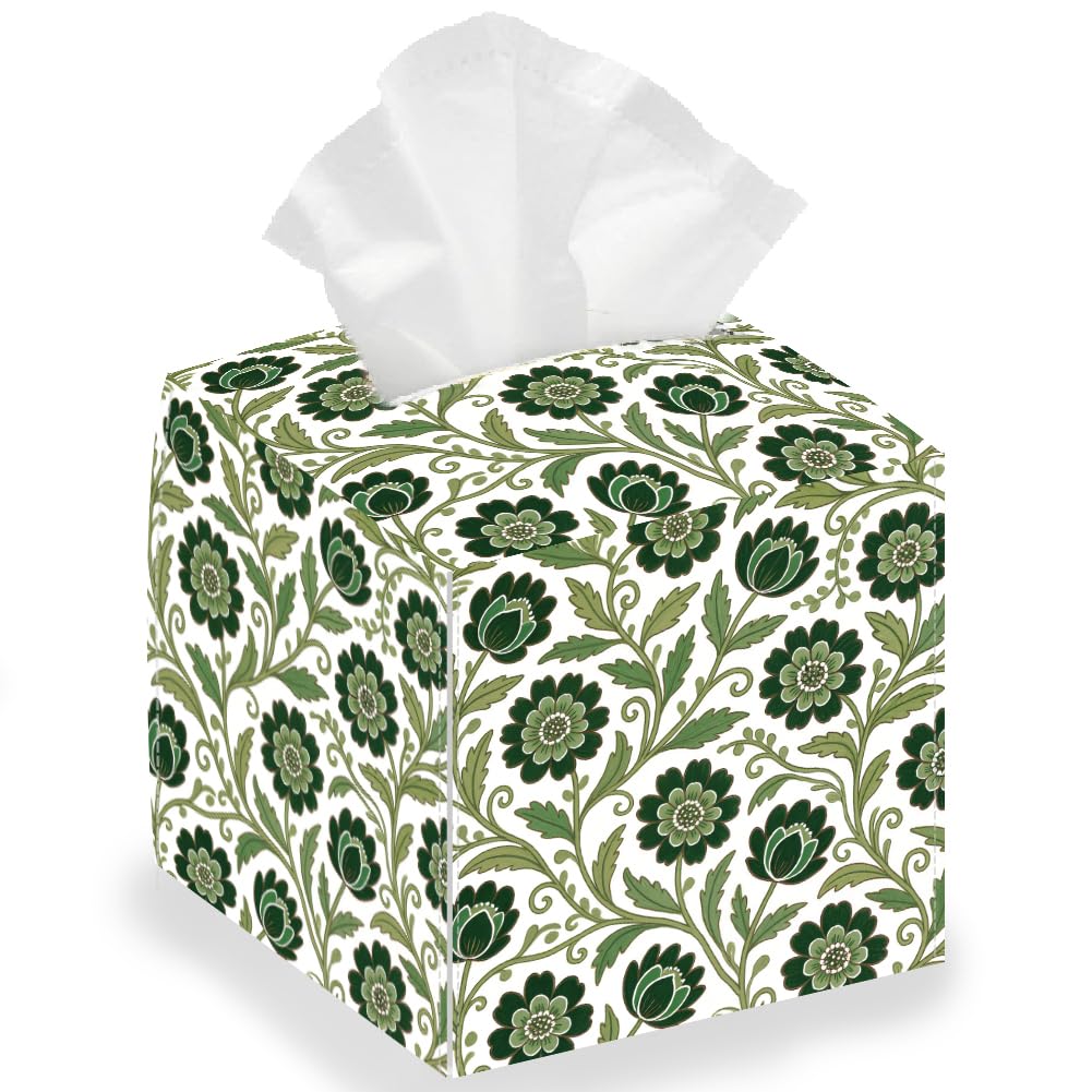 DELORIGIN Hand-painted Flowers Tissue Box Holder Agate Green Bohemian Leather Square Facial Paper Decorative Tissue Box Cover Paper Towel Case Container Organizer for Home Bathroom Kitchen Car Office