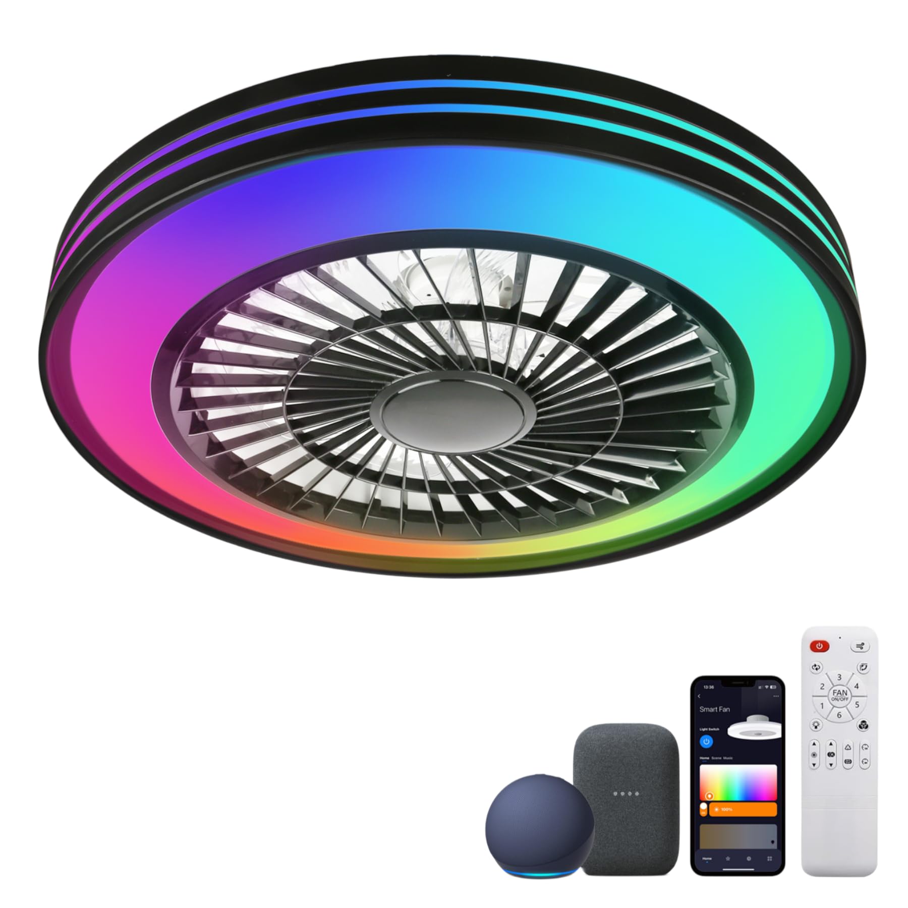 WUTGHUI Bladeless Ceiling Fan with RGB/White Lights 20" Fandelier Low Profile Smart Ceiling Fan with Light, Flush Mount Ceiling Fan Light with Remote/APP/Alexa/Google Home