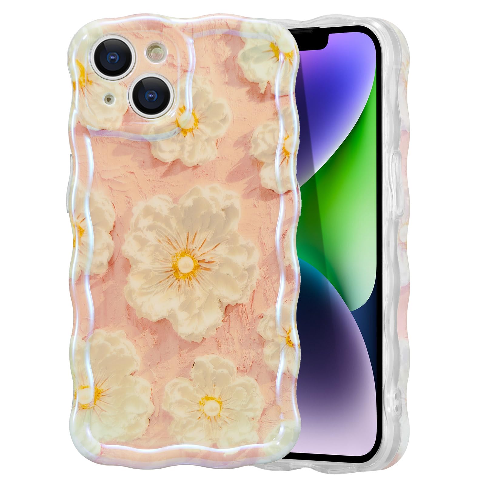 EYZUTAK Case for iPhone 15, Colorful Retro Oil Painting Flower Laser Beam Glossy Pattern Cute Curly Waves Border Exquisite Phone Cover Stylish Durable Soft TPU Protective Case for Girls Women - Green — view 42
