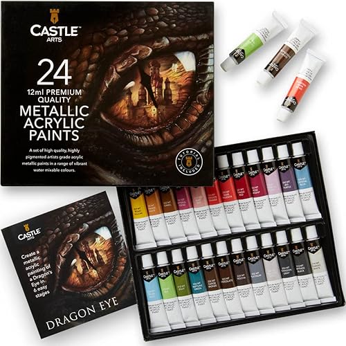 Castle Art Supplies Juego de tubos acrílicos metálicos de 24 piezas  24 tubos de 0.47 onzas líquidas para artistas adultos, principiantes y
