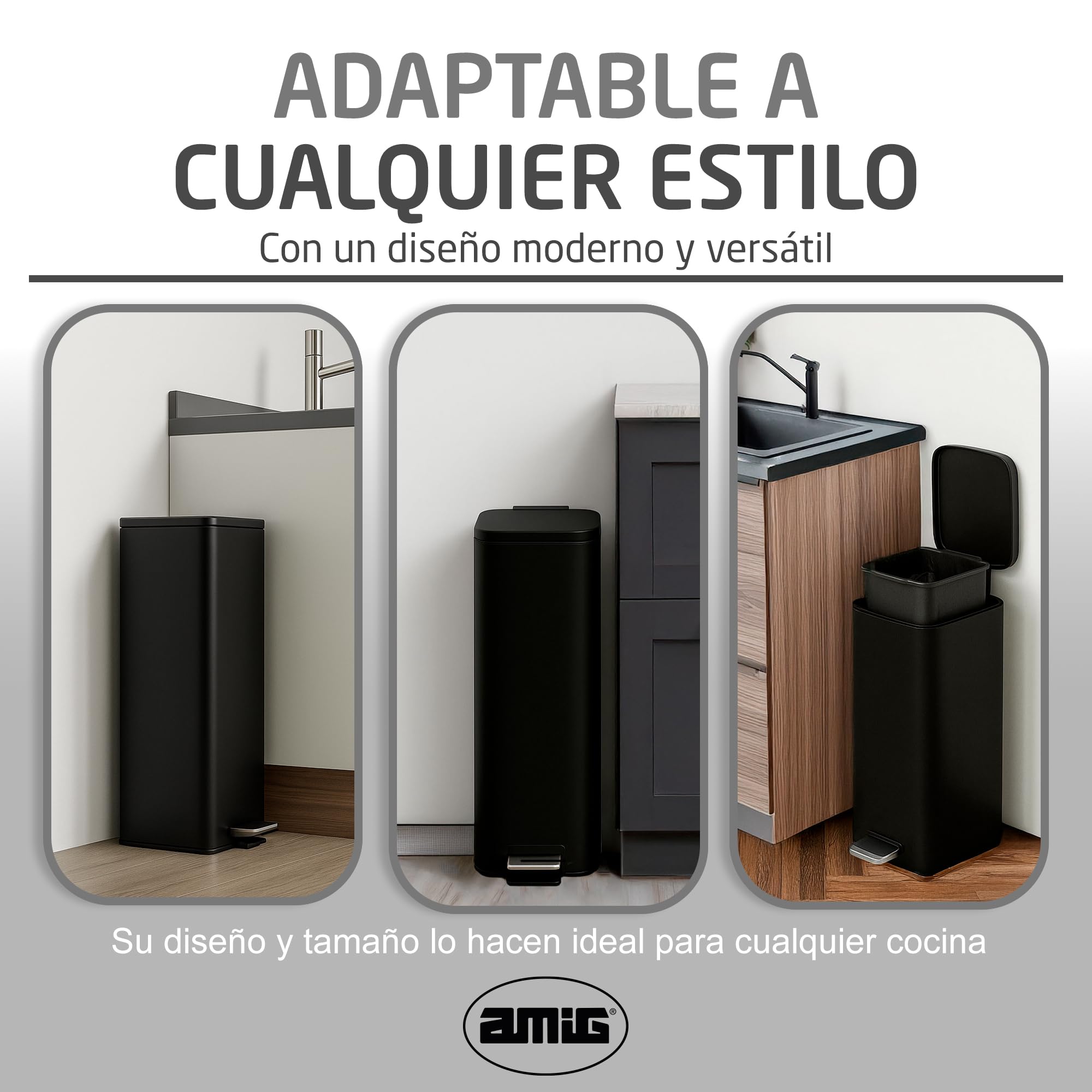 Amig - Cubo de Basura con Pedal 30 Litros Mod. Artvin - Color Negro - Apertura higiénica sin manos - 27 x 36 x 65 cm - Acero inoxidable lacado - Papelera para cocina con Tapa Hermética