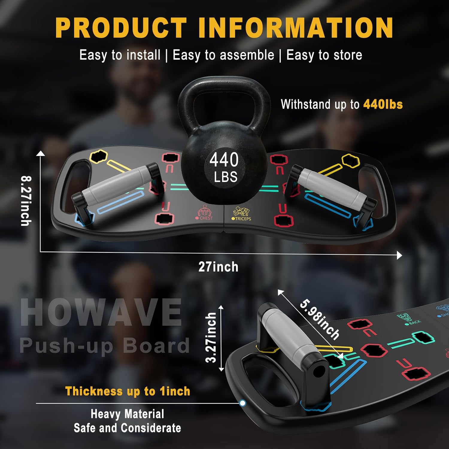 Product information image showing dimensions of the push-up board and its 440 lbs weight capacity