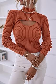 ORANDESIGNE Maglia Donna Manica Lunga Aderente Maglietta Scollo V Profondo Maglie Jersey Elegante Slim Fit Maglione Scollato Maglioncino Leggero Felpa Magliette a Costine Albicocca XS