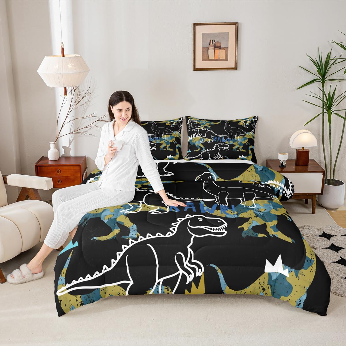Dinosaur Silhouette Comforter Set Queen, Cartoon Primitive Animals Bedding Set, Watercolor Graffiti Art Quilt Set 3 Pcs for Kids Teens Adults Room