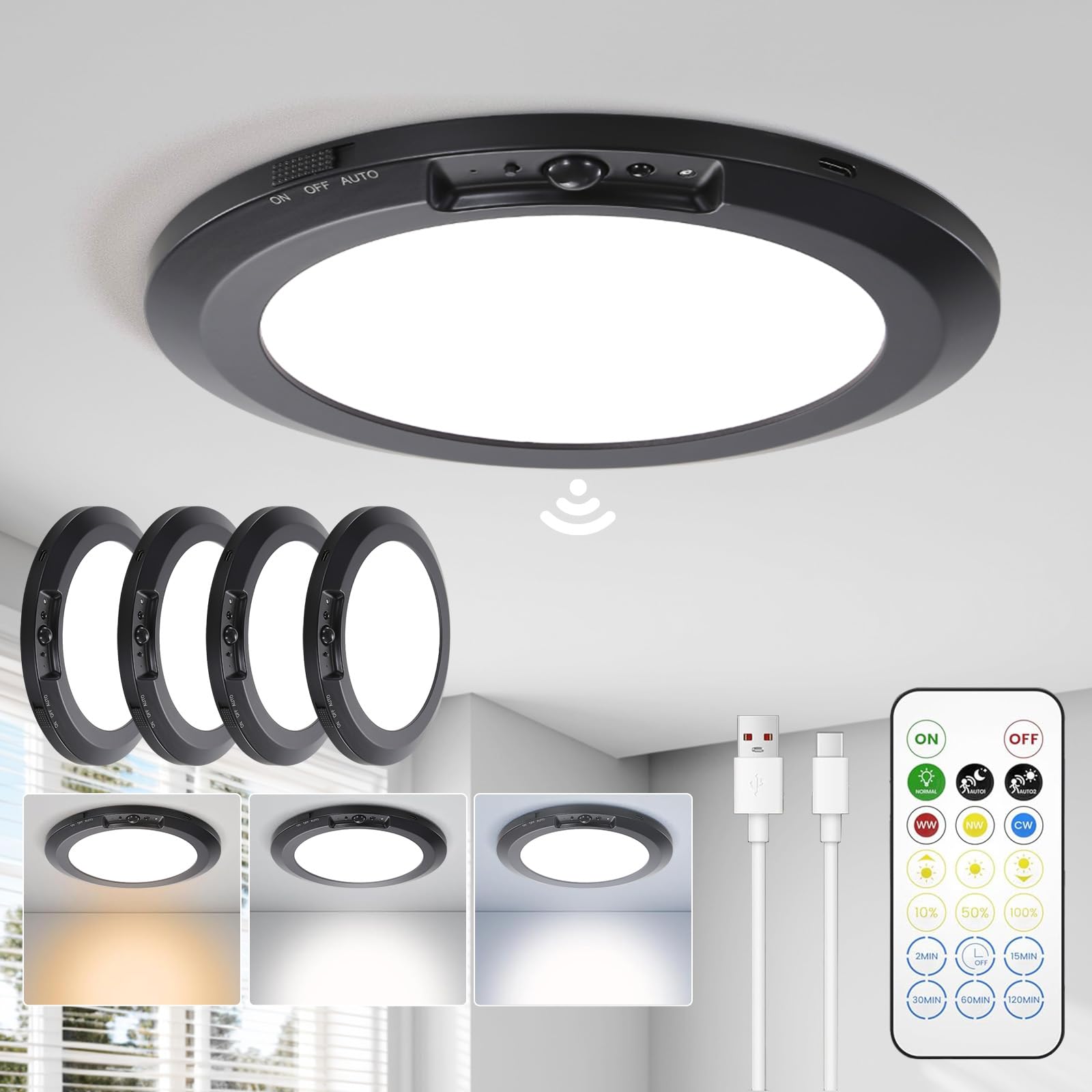 Rechargeable LED Ceiling Light - 10000mAh Battery Operated Bathroom Light with Remote 3 Colour Temperatures, Motion Sensor Magnetic Mount Wireless Indoor Ceiling Lamp for Garage Hallway Stair (4 Pack)