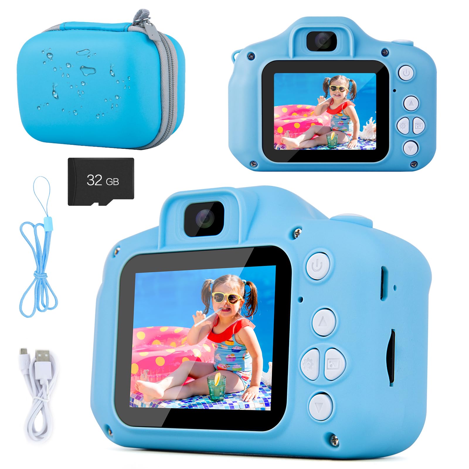 GOOPOOL Children's Camera, 2.0 Inch Screen Rechargeable Digital Camera, 1080P Girl Camcorder Girls Boys 3-10 Years with Card 32 GB, Christmas & Birthday Toy Gifts (Blue)