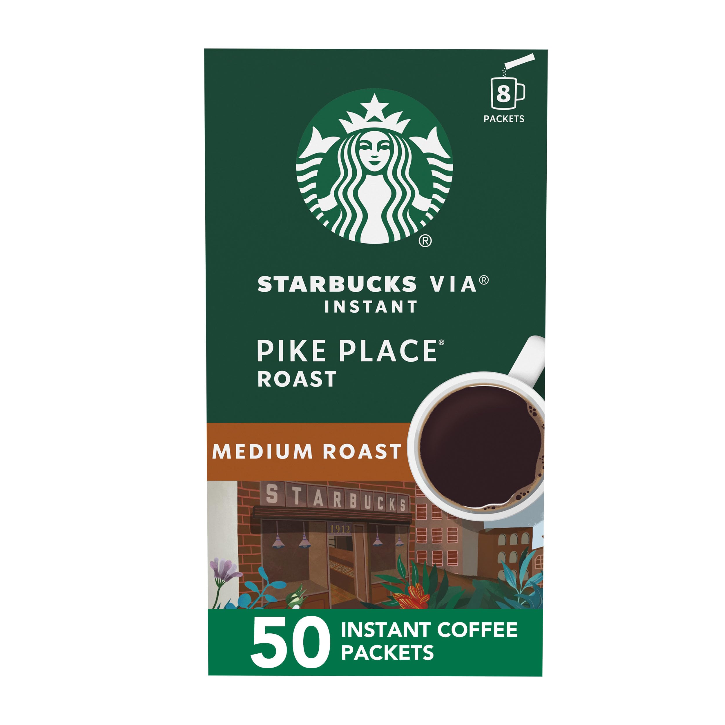 StarbucksVIA Instant Coffee, Medium Roast Coffee, Pike Place Roast, 100% Arabica, Single-Serve, 1 Box (50 Packets)