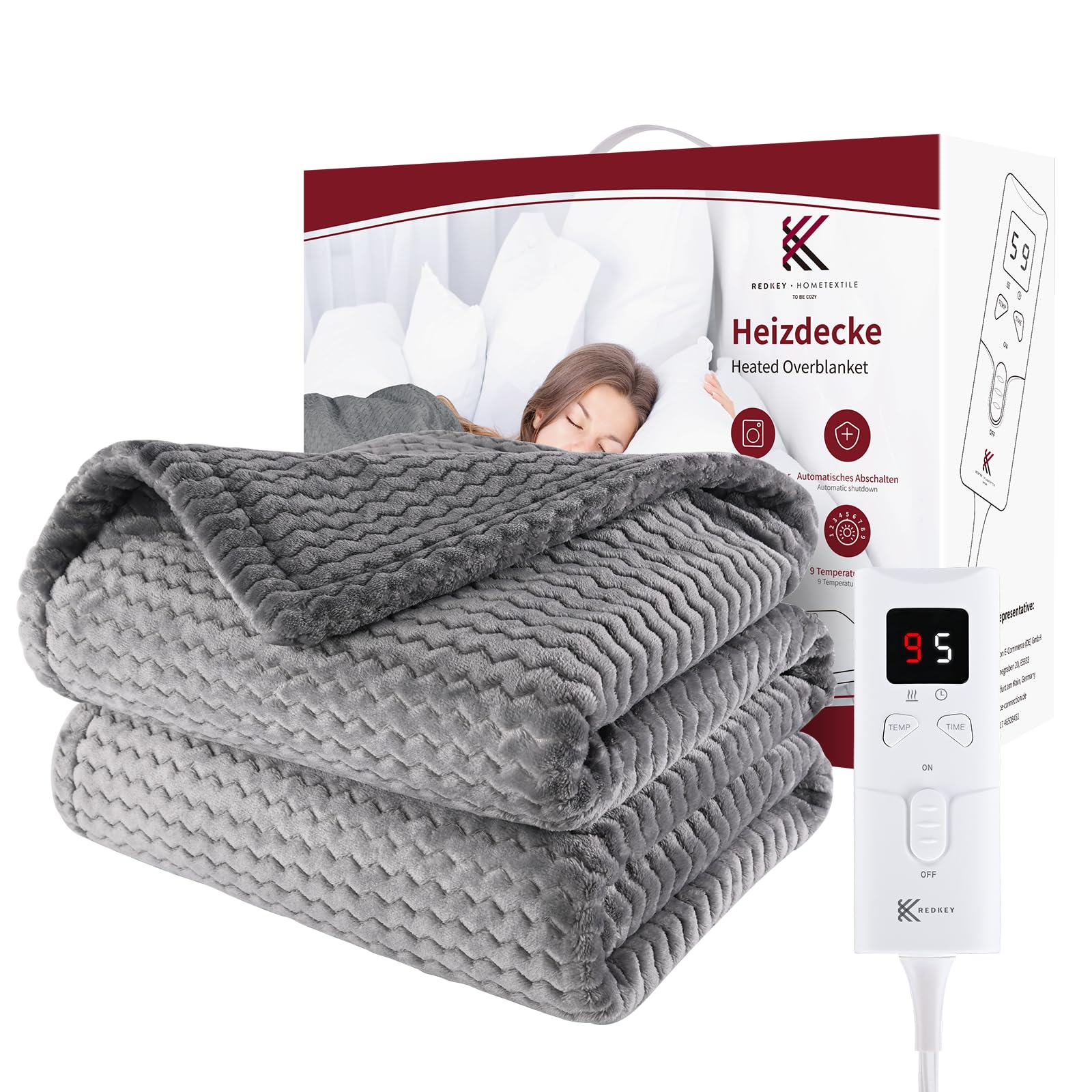 REDKEY Manta Electrica 180x130cm, Temporizador de 5 Horas y 9 Niveles de Calefacción, Desconexión Automática, Lavable a Máquina, Mando a Distancia Digital Manta Termica Gris