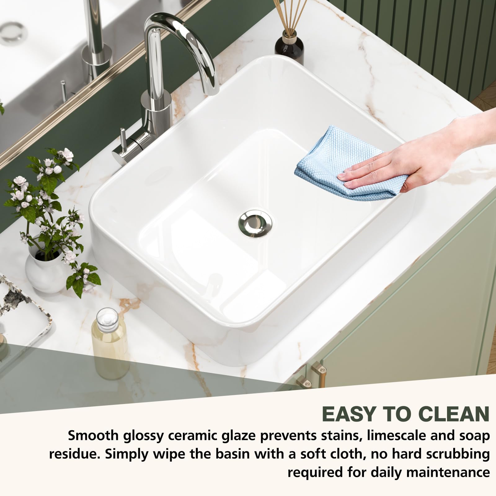 Sarlai Fregadero de cerámica para cuarto de baño, moderno, pequeño, compacto, de porcelana, sobre encimera, diseño clásico, color blanco brillante, rectangular, 485 x 380 x 130 mm