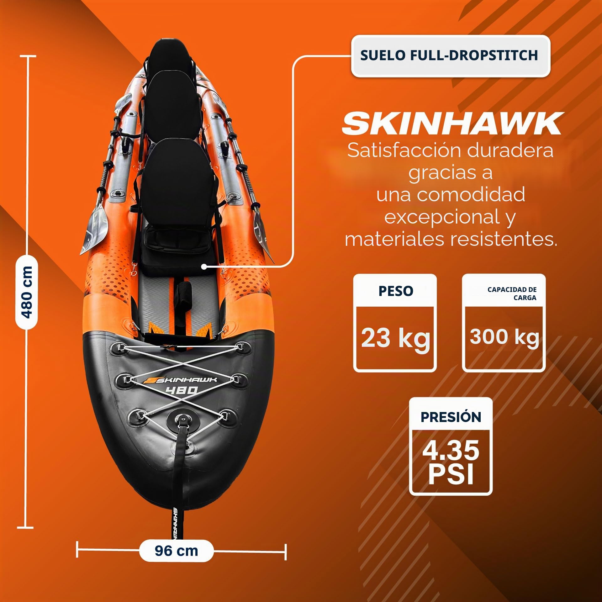 SKINHAWK Exclusiv Orange Kayak Set 480 – Barco inflable – Canoa – 480 x 96 cm – Kayak para 3 personas