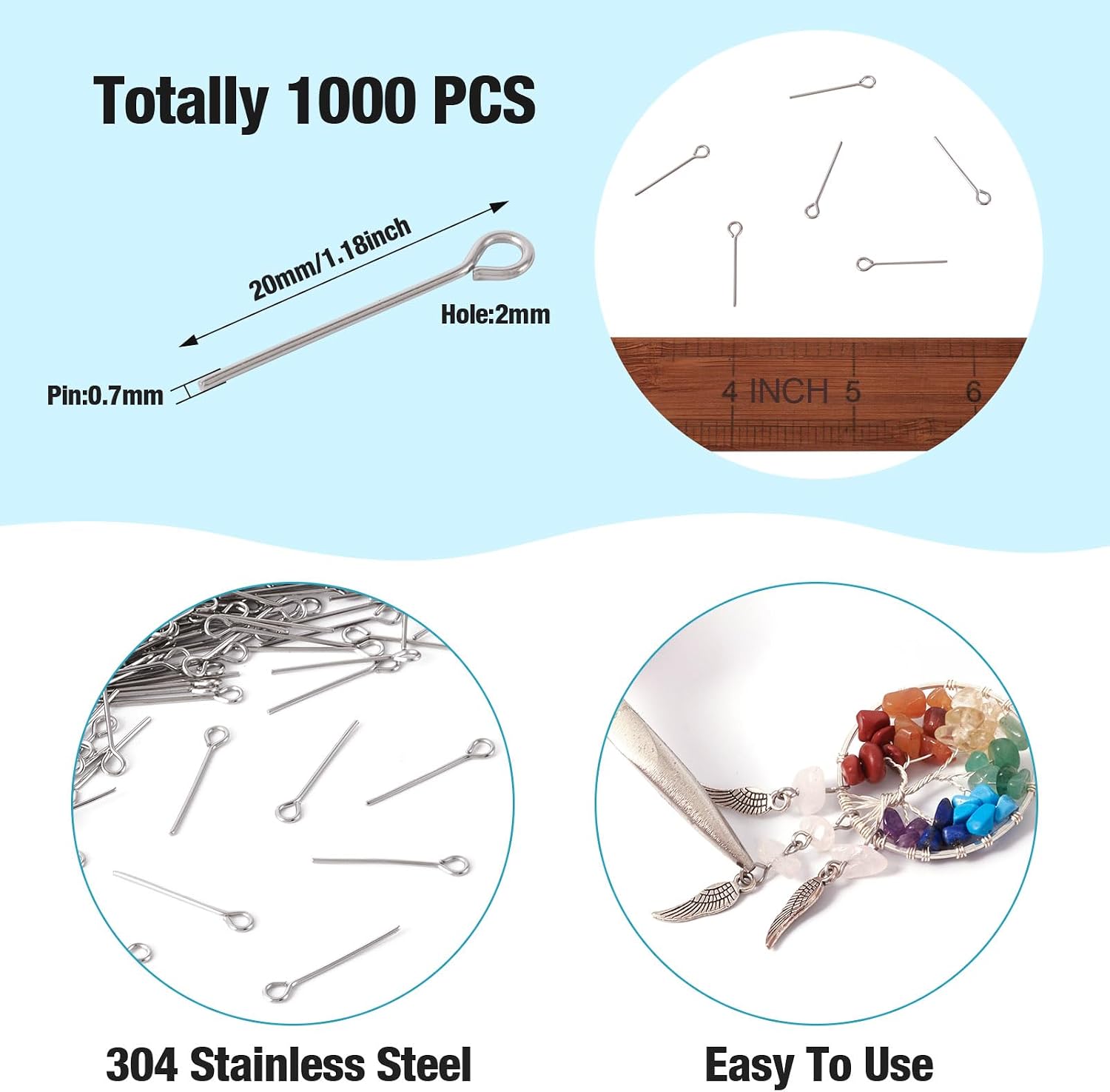 Pandahall 1000pcs Stainless Steel Eye Pins 21 Gauge Metal Open Eye Pins 3/4 Inch (20mm) for Jewelry Making