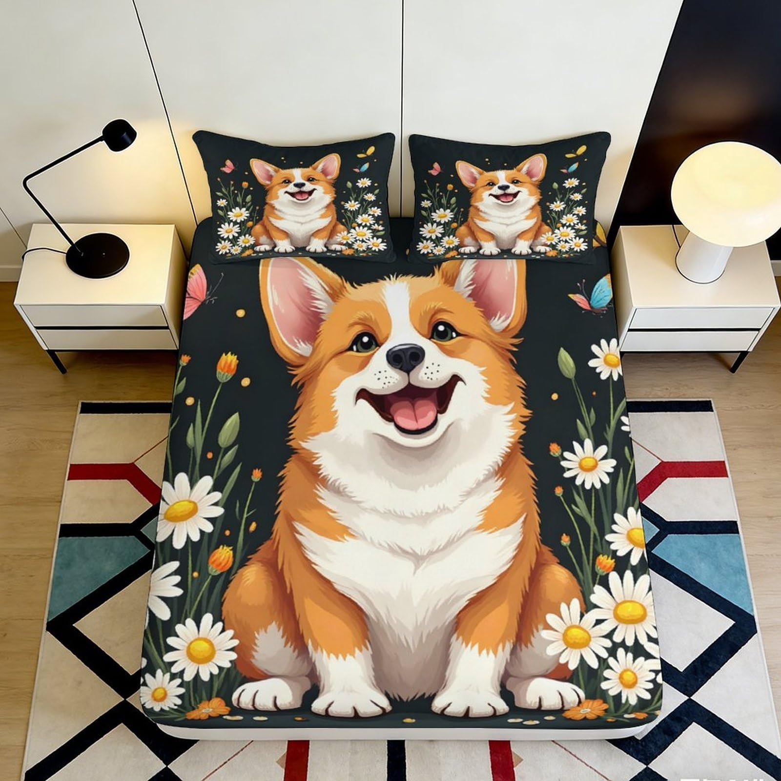 3D Printed Corgi Dog Fitted Sheet Microfiber Flower Meadow Bed Cover Non-Slip Machine Washable for Bedroom Decor 120x200x25cm