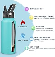 Vista 60 de BJPKPK - Botellas de agua aisladas con tapa de popote, botellas de agua de acero inoxidable de 40 onzas con 3 tapas, termo a prueba de fugas libre