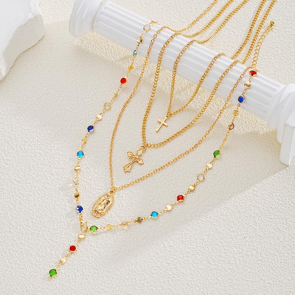 Gold Stacked Cross Lariat Necklace for Women Vintage Layered Cross Virgin Mary Colorful Crystal Y Necklace Dainty Cocktail Party Jewelry - Image 6
