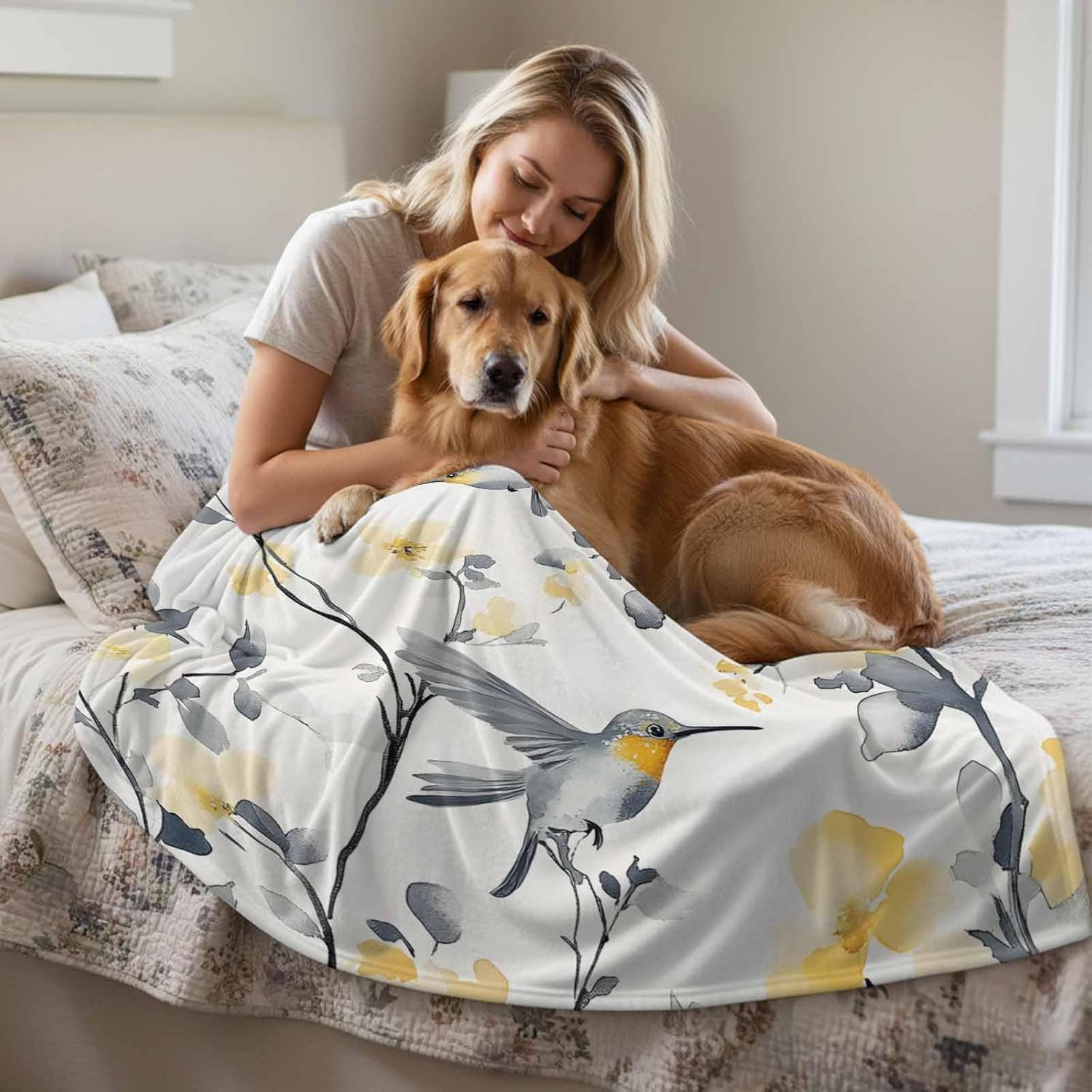 Yellow Floral Spring Throw Blanket for Couch Gifts for Women Gray Summer Botanical Birds Pastoral Flannel Cozy Soft Thick Blankets Warm Plush Fleece Blanket for Bed Sofa 40" x 50"