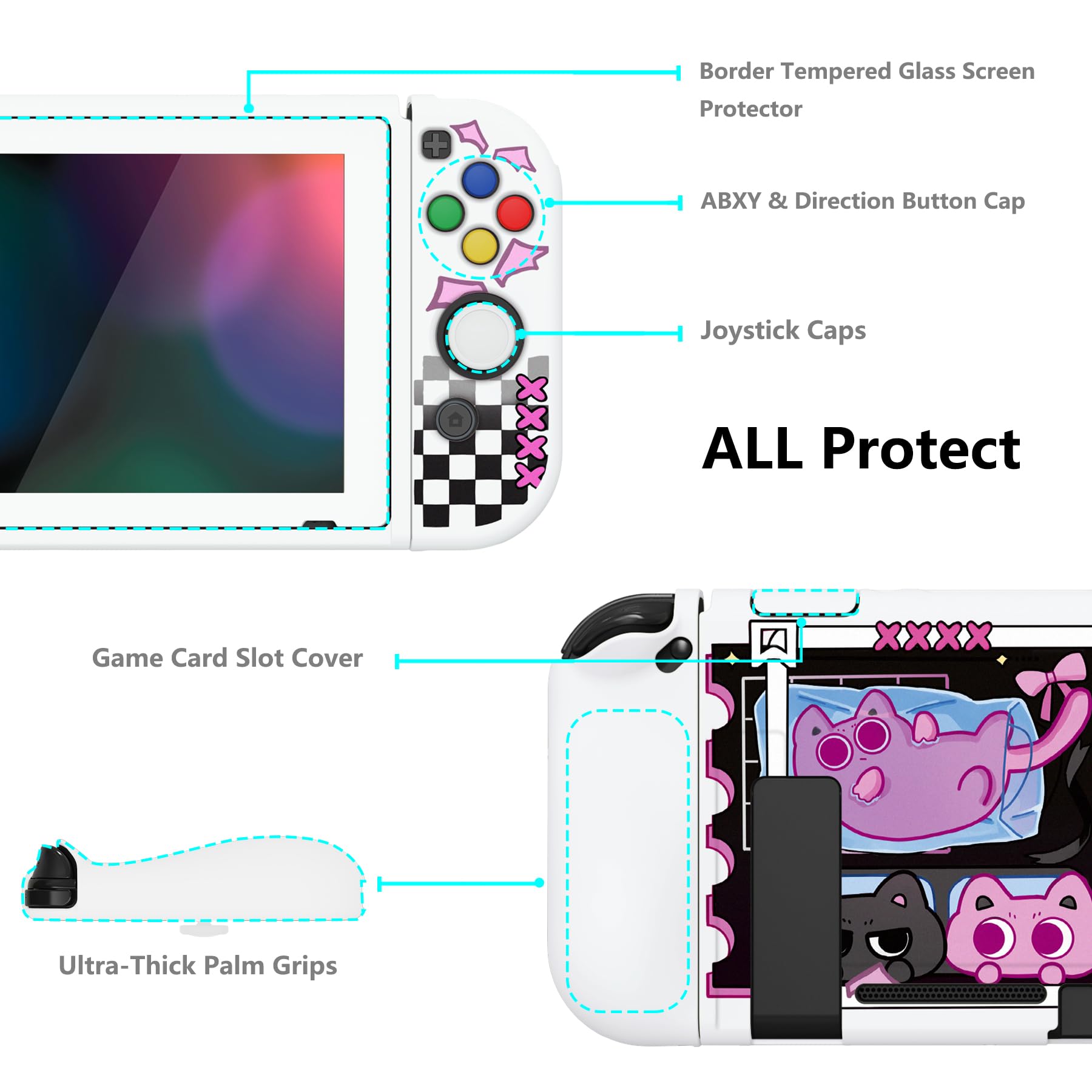 PlayVital ZealProtect Weiche Schutzhülle für Nintendo Switch Konsole Joy Con, Case Hülle Cover Zubehör für Switch mit HD Klar Schutzfolie&Sticks Kappen&ABXY Richtungstastenkappen(PP & VV) - 5