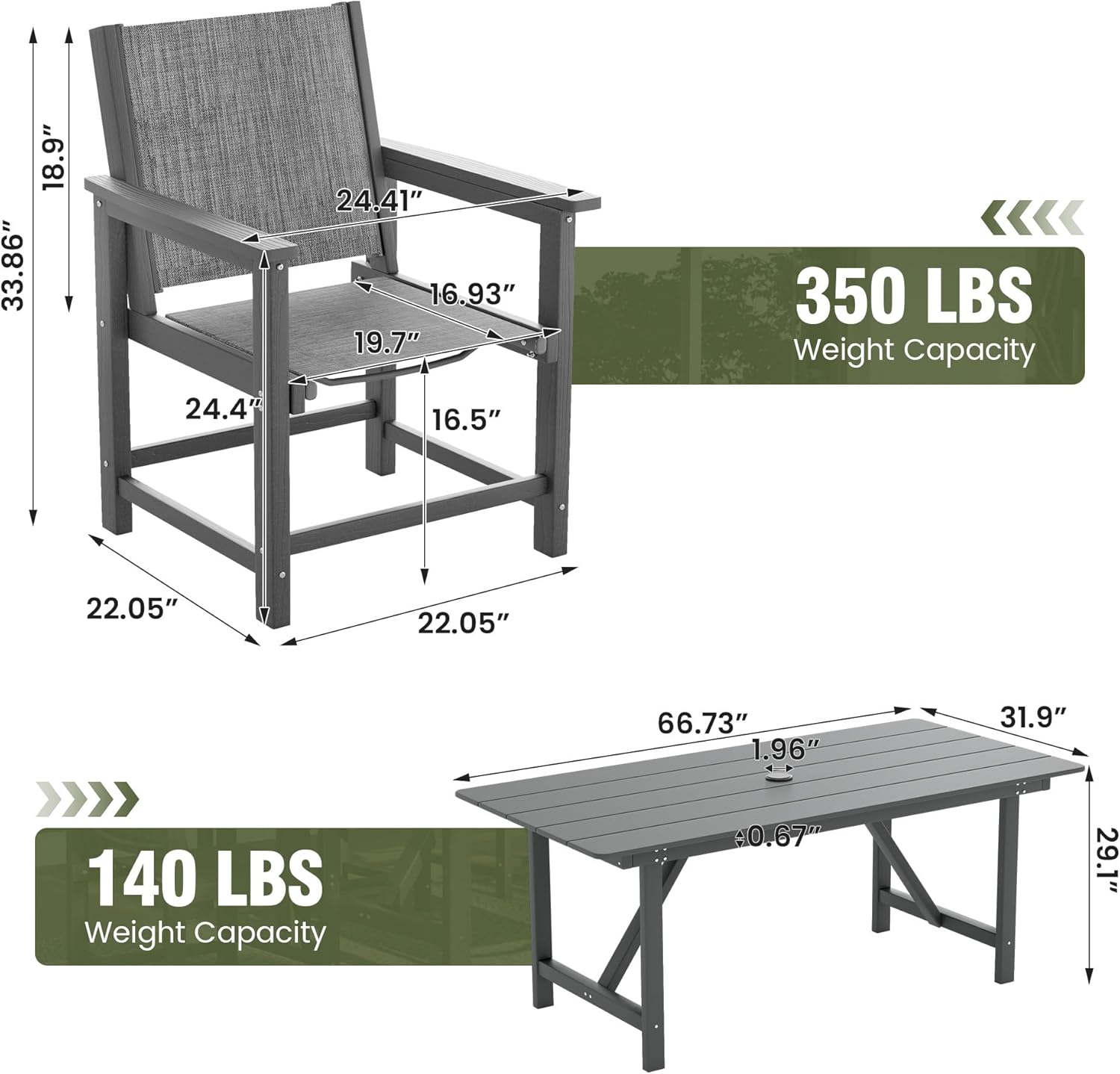 UDPATIO HDPE Dining Table Set for 6 - Heavy Duty Outdoor Table and Chairs, All-Weather Resistant Furniture Set with Umbrella Hole for Patio, Poolside, Deck, Garden, Backyard, Kitchen,Light-Grey,7PCS
