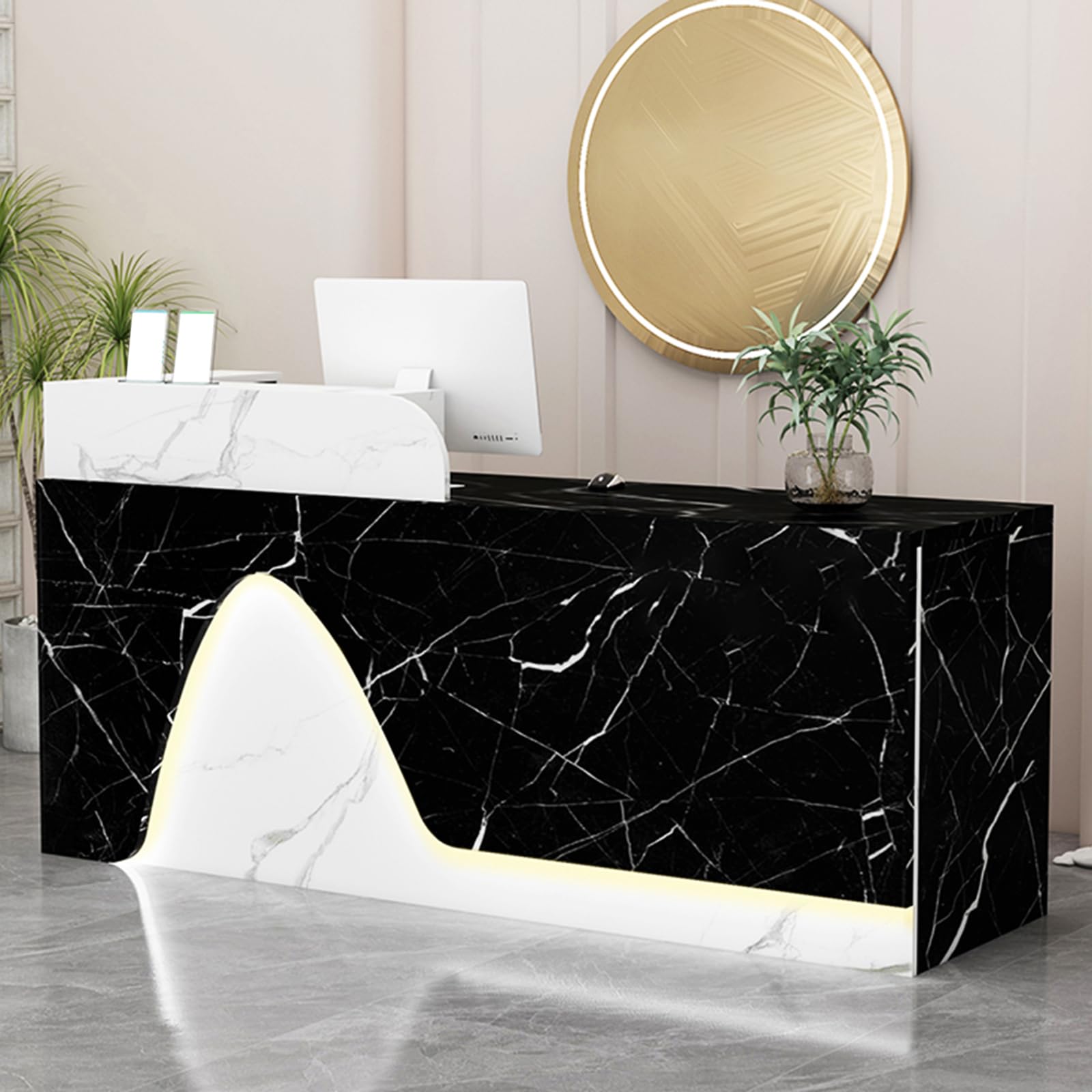 Bureau de réception en bois massif avec bandes lumineuses LED 160 cm Grain noir droit Capacité de 453,6 kg | Table de comptoir moderne pour la maison, le bureau, le hall, le magasin et le centre de
