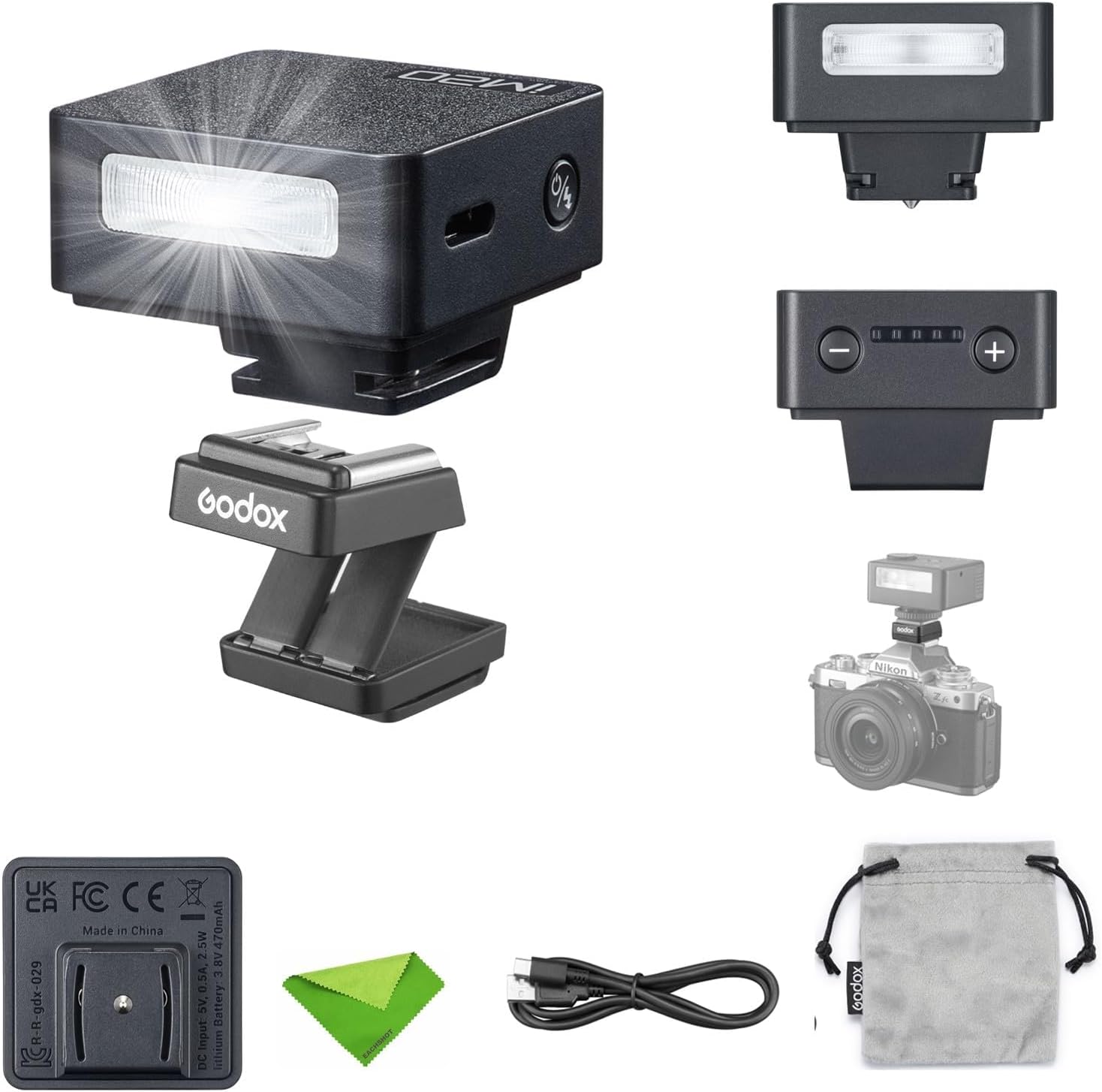 Godox iM20 Mini Flash+Hot Shoe Riser for Canon, Sony, Fuji, Nikon, Panasonic Olympus Pentax, 3s Recycle Time, Approx.440 Flash Times, Flash for Sony ZV1, NOT for Sony ZV-1F (Black)