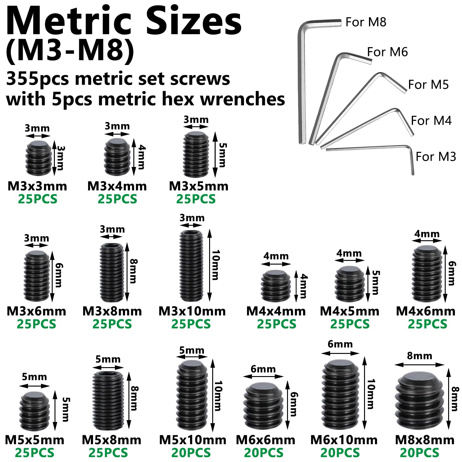 360PCS 15 Metric Sizes Set Screw Assortment Kit, Hex Socket Head Cup Point Set Screws 12.9 Class Alloy Steel Grub Screw, Internal Hex Drive Cup-Point Screw (M3-M8)
