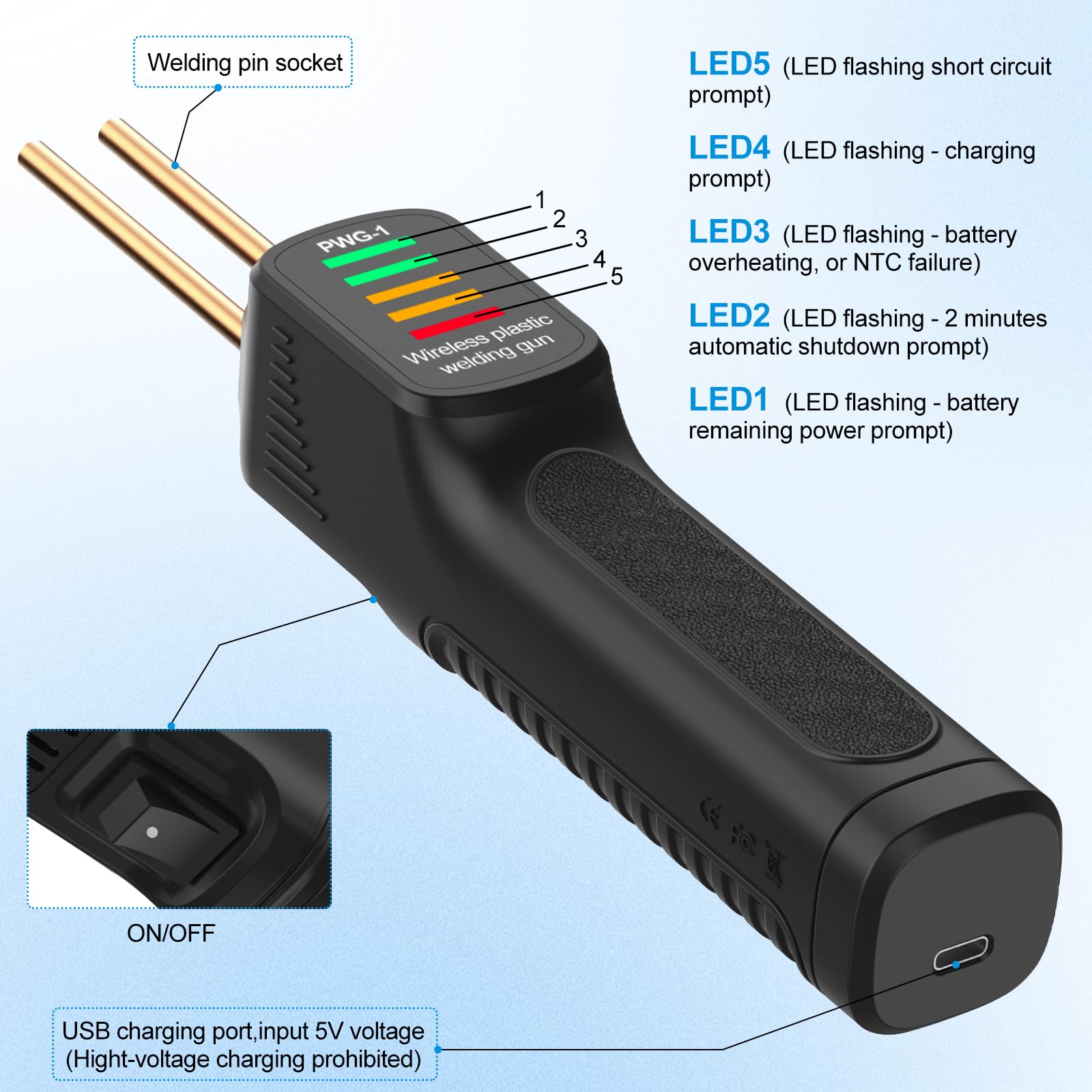 Estación de Soldadura de Plástico Inalámbrica, 100 W Mini Máquina de Soldar Portátil (200 Clavos de Plástico, con LED, Carga USB, Reparación de Soldadura a Pilas)