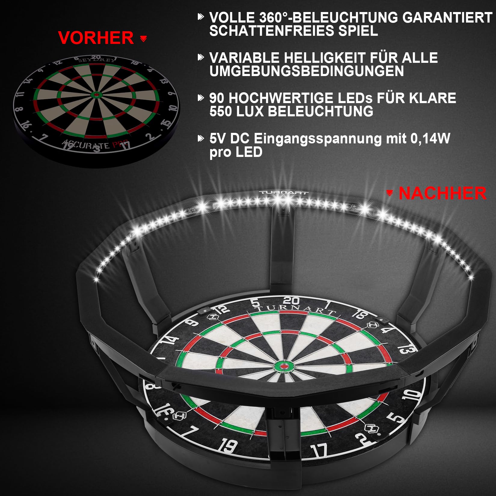Turnart Dartscheibe Beleuchtung Dartscheibe Dart Light,360°Pro Dart Beleuchtung Helligkeitsregelung Dart lichtring für Dartscheibe Steeldart-90 LED Dartboard Beleuchtung für Wohnzimmer Oder Bar | 360°Pro Helligkeitsregelung Dart lichtring für Dartscheibe