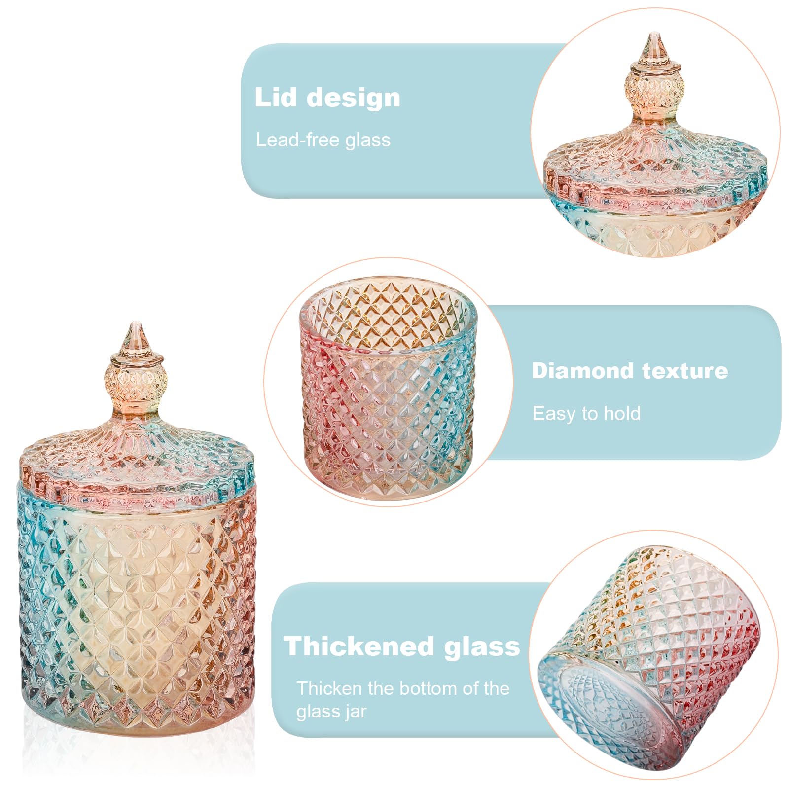 rejomiik Paquete de 2 accesorios de baño de vidrio Qtip, organizadores de tocador y almacenamiento de maquillaje para hisopos de algodón, bolas, almohadillas, palillos de hilo dental, dulces, arcoíris
