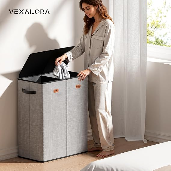 150L Double Laundry Hamper With Lid, Large Clothes Hampers with Removable Bag, Laundry Hamper 2 Section for Bathroom, Bedroom, Laundry Room, Dorm, Grey