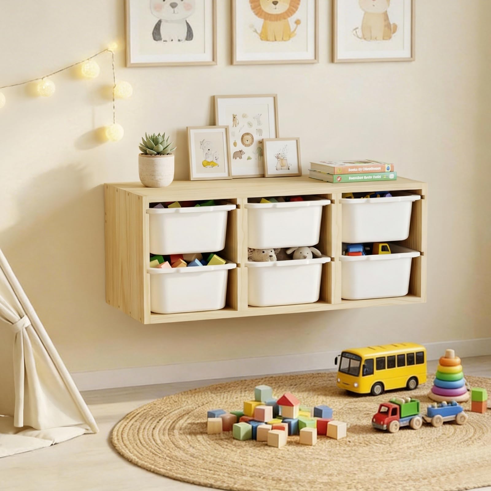 Organizador de juguetes Montessori de madera maciza para pared con 6 contenedores, estante de almacenamiento con superficie superior para aprendizaje y juego, revistero infantil y caja de juguetes