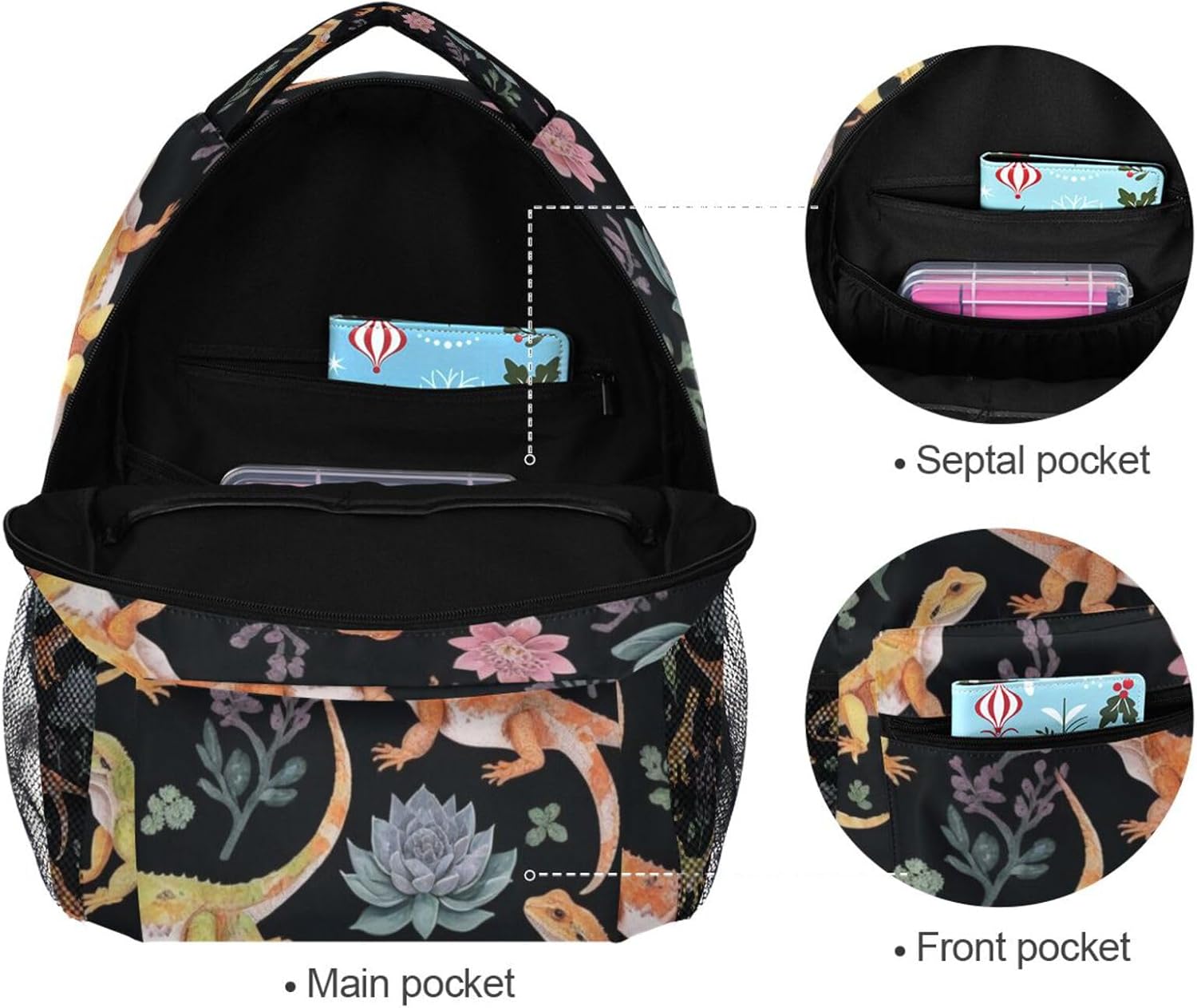 Bearded Dragons Flowers Watercolor Boys Girls Kids School Backpacks Bookbag, School Bag Travel Backpack Daypack
