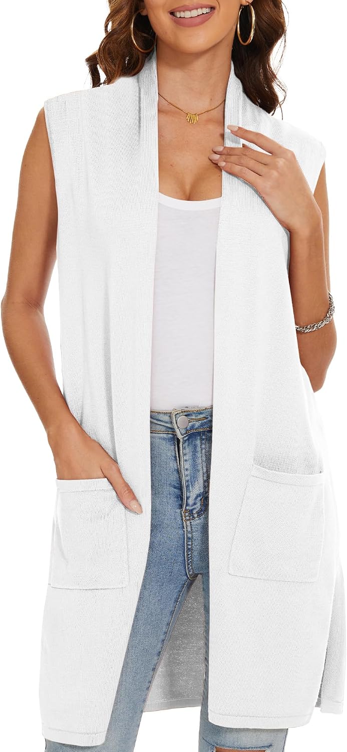 INKOFF Women's Long Knit Cardigan Vest Sleeveless Sweater Pockets Open Front Draped Duster Vest Casual