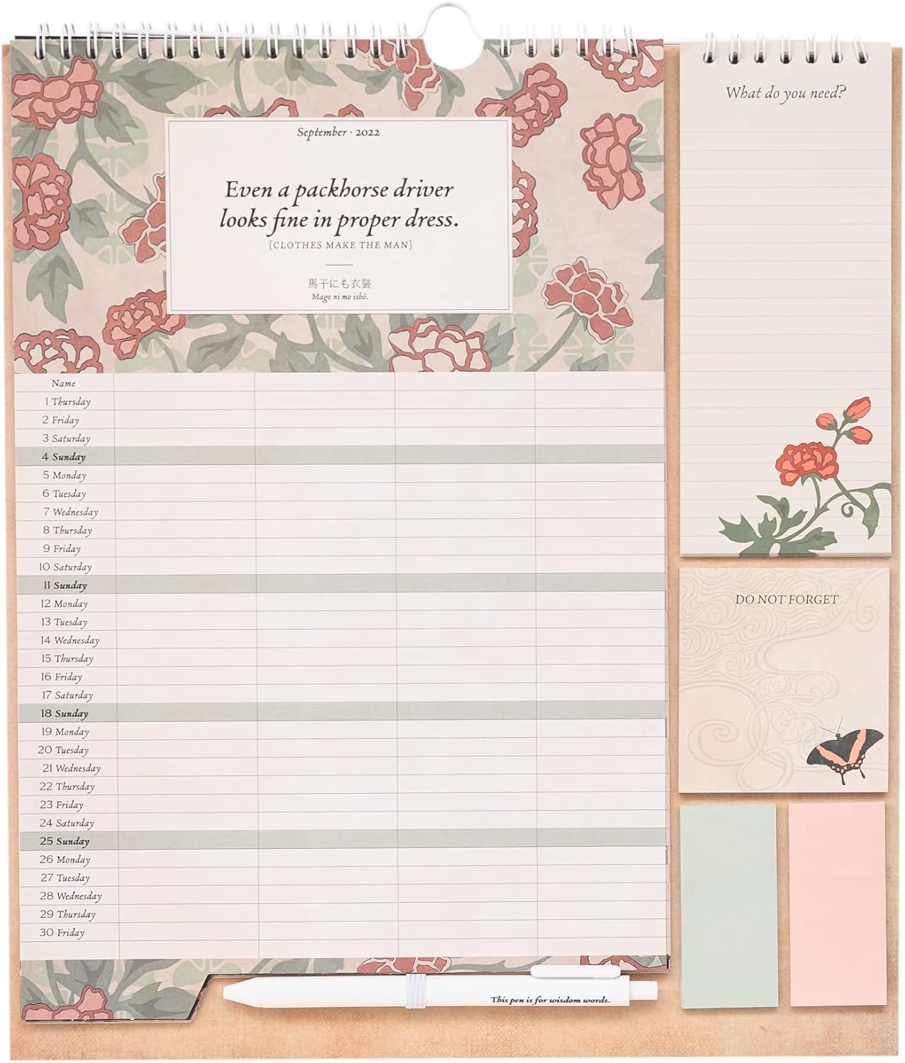 Grupo Erik Japanese Proverbs 2023 Wall Calendar - Monthly Planner 16 Months Sep 2022 - Dec 2023-11.8 x 13.4 Inch / 30 x 34 cm - Cute Stationery With Stickers/Pen/Shopping List