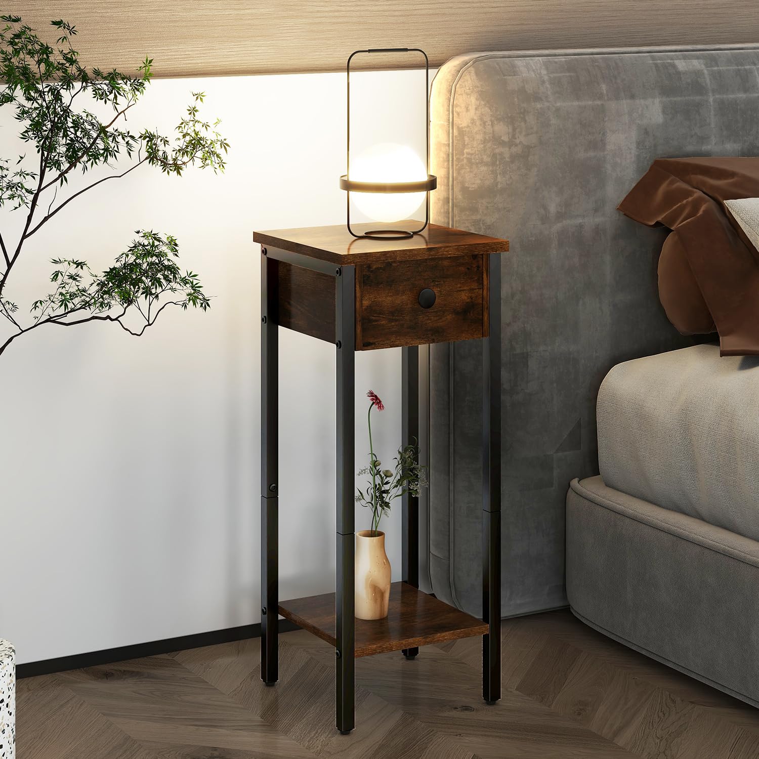 IBUYKE Lot de 2 Tables de Chevet Étroite,Pieds en Métal,Marron TMJ417H-2